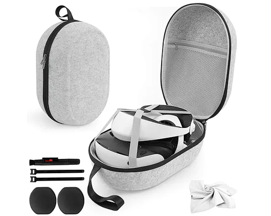 The carry case is perfectly compatible with playstation VR2 headset and touch controllers accessories,carefully tailored 1:1 recess for VR accessories to keep your PSVR2 neat and organized.PSVR2 carry case built-in X-shaped elastic straps to hold.